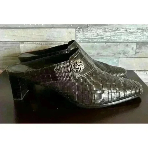 Brighton Tryst Women's 9.5 M Brown Leather Slip-On Woven Slide Heels Mules - Picture 6 of 12